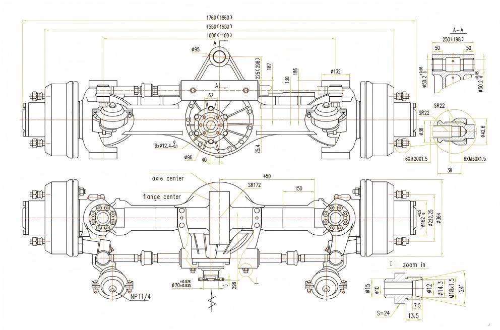 Front axle of a 6.5 ton wheeled excavator Front axle of a 6.5 ton wheeled excavator