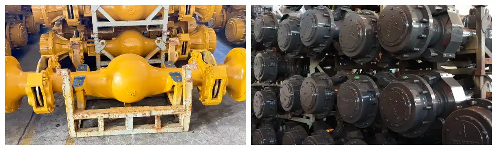 Why are the front and rear drive axles of a forklift connected differently to the frame?