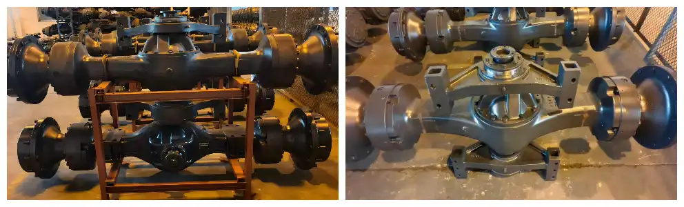 Why are the front and rear drive axles of a forklift connected differently to the frame?