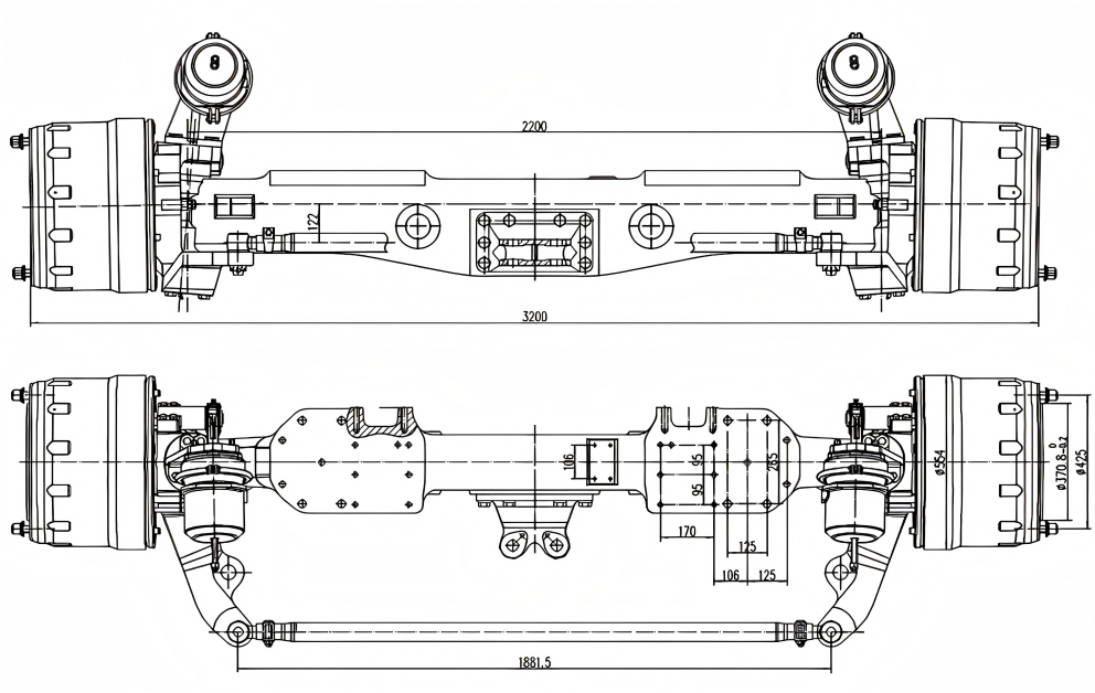 Front steering axle for off-road dump trucks Front steering axle for off-road dump trucks